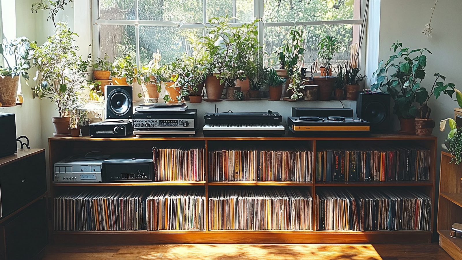 A row of folk and country LPs on a low wooden shelf with a paper bookmark slip