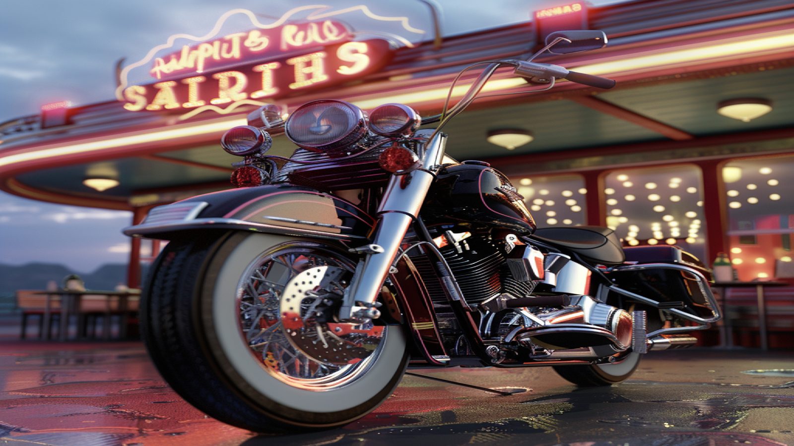 A close composition of chrome handlebars and warm light on a garage floor, abstract and period-appropriate aesthetic